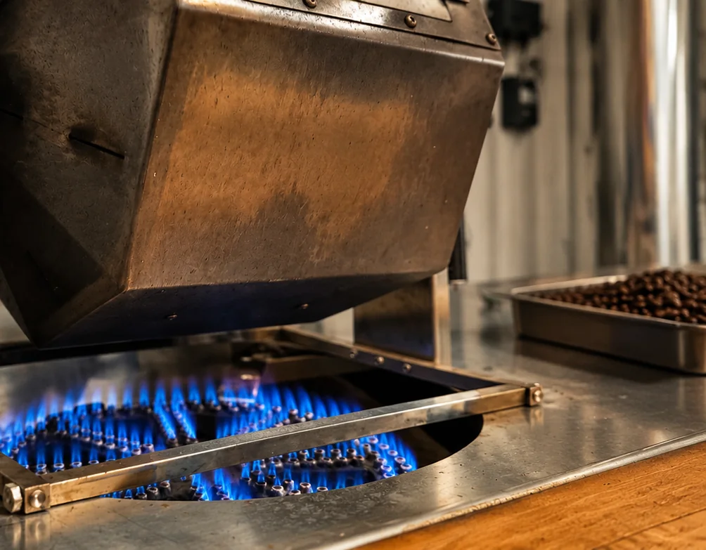 Torréfacteur Aventura Cafés sur une flamme directe.