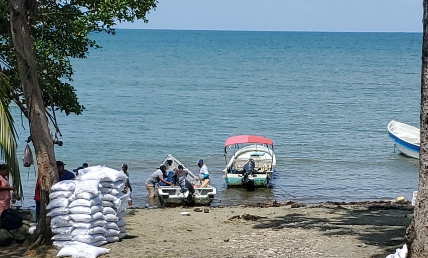 Sacs de café et chaloupes sur une plage du Panama