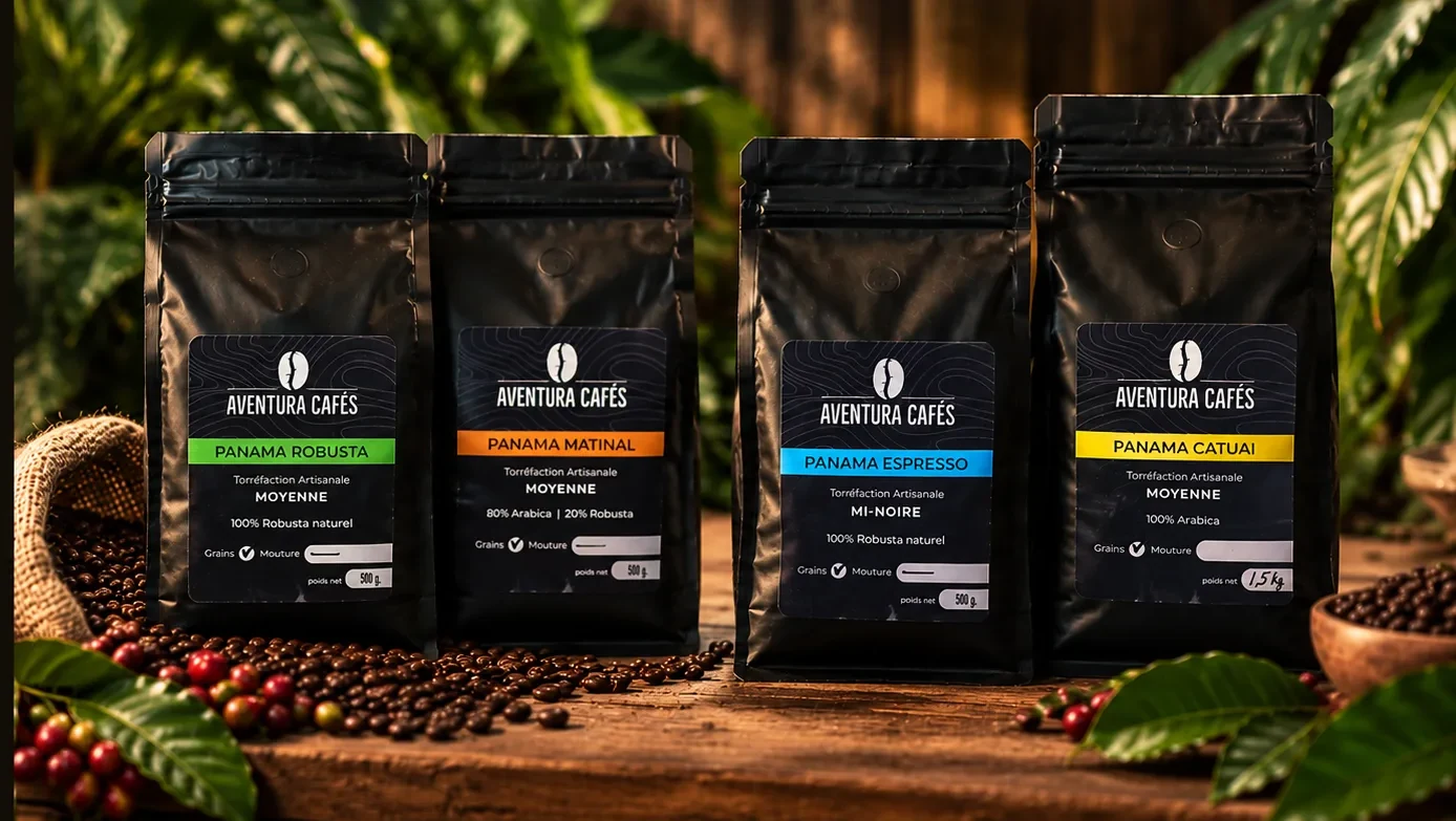 Les quatre cafés Aventura Cafés : Panama Robusta, Panama Matinal, Panama Espresso et Panama Catuaï.